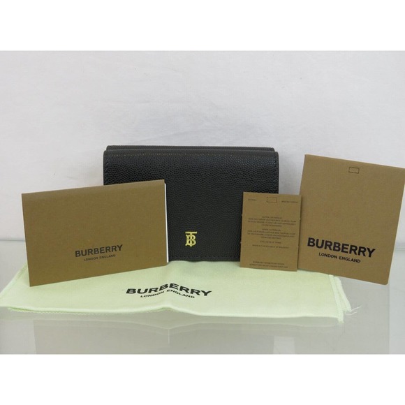 $480 BURBERRY LARK BLACK GRAINED LEATHER GOLD TB LOGO COMPACT TRIFOLD WALLET - Picture 8 of 15